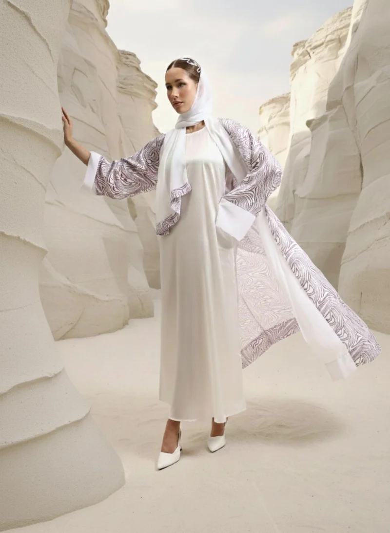 آي شين Mauve Abstract print layered Abaya with Hijab